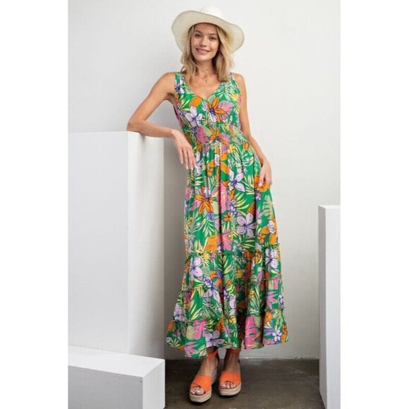 Easel Size S Dress Tropical Floral Sleeveless Flowy V Neck Long Maxi Green - Picture 2 of 11